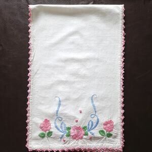 Table Runner Pink Floral Cotton Embroidery Trousseau MCM Valentine Shabby 13x41